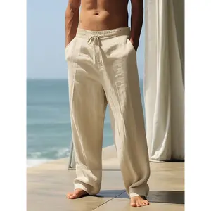 [2pcs Linen Pants] 2pcs Men's Heavyweight Linen Pants - 95% Linen 5% Polyester Relaxed-Fit All-Season Trousers with Elastic Waist & Cuff |   Breathable Thermal Casual & Horseback Riding Pants Indoor/Outdoor Activities