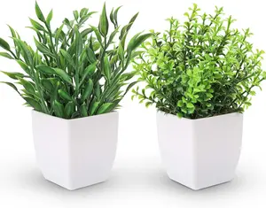 Rose 2 Pack Fake Plants Mini Artificial Greenery Potted Plants for Home Decor Indoor Office Table Room Farmhouse White Square Pots