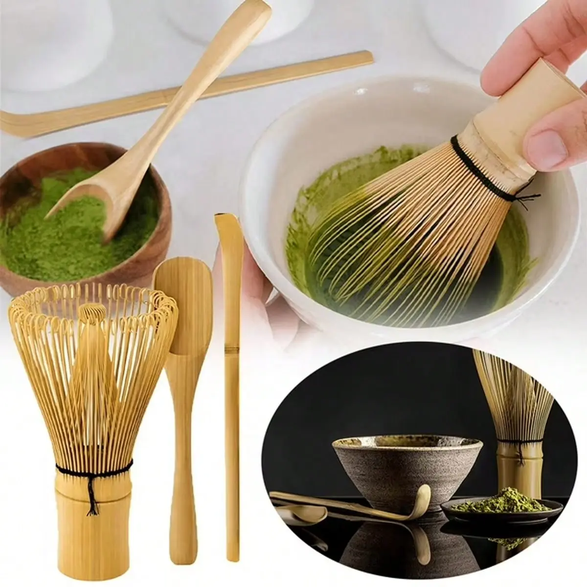 Bamboo Matcha Tea Set, Ceremonial Matcha Kit, 3 Counts/set Bamboo Tea Spoon & Tea Whisk & Tea Scoop, Tea Making Tool for Home Kitchen Office Outdoor Camping, Japanese Tea Tools