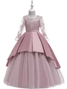 Girl's Floral Embroidery Rhinestone Decor Bow Back Satin Tulle Dress, Elegant Contrast Mesh Long Sleeve Layered Party Dress for Formal Wear, Embroidered Tulle Dress, Kids Clothes, Princess Quince Dresses