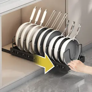 Stainless Steel Expandable Pot Rack, Multi-Functional Kitchen Storage Organizer, Pull-Out Cookware Holder with Sliding Lid, Ideal for Pots, Pans, Dishes