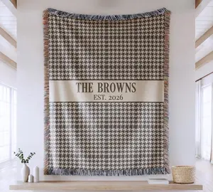Couples Initials Cotton Blanket, Houndstooth Plaid Neutral Custom Monogram Wedding Gift, Engagement & Anniversary Throw, Family Name Christmas Gift