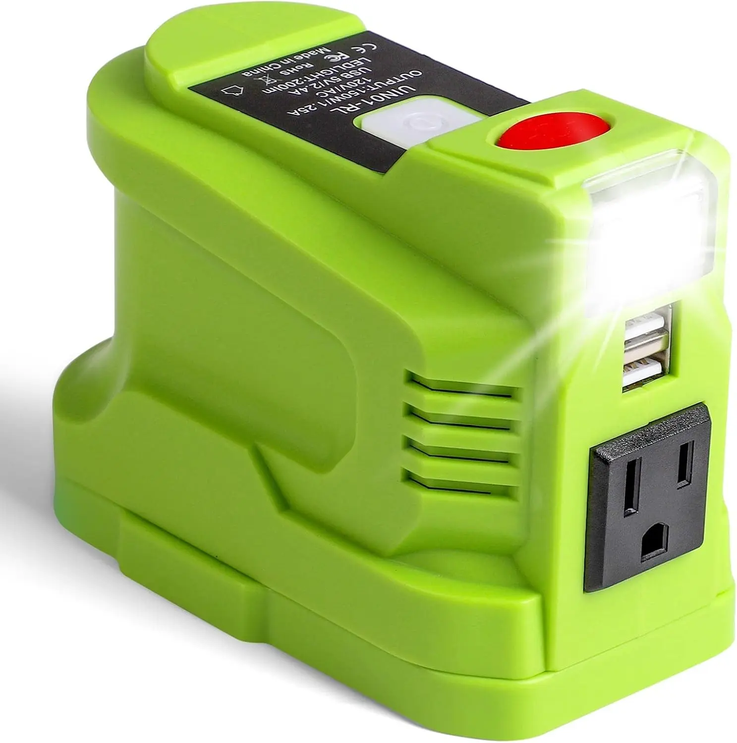 150W Power Inverter Generator for Ryobi 18V 1+ Battery - 18V DC to 110V/120V AC Portable Power Station Adapter with USB Charging Port, LED Lights, 1.25A Fuse for Outdoor Camping, Emergency Lighting Usb Ports Safety Warning