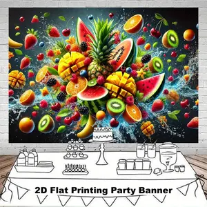 2D Flat, 1pc Tropical Fruit Party Banner - Pineapple, Watermelon, Kiwi, Grape Decoration - High Quality Polyester Fabric Backdrop for Birthday, Wedding, Fruit-Themed Party Decorations - Indoor/Outdoor Hanging Decoration Banner - Easy-to-Hang No