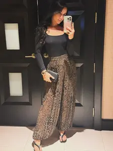 Animal Print Oversize Balloon Pants Women's Pants Y2K Brown Leopard Translucent Wide Leg Pants Casual Fashion Loose High Waist Baggy Pants For Woman Streetwear & Resorts Trousers