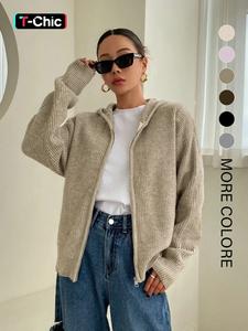 women's solid zip up hooded sweater cardigan, casual drop shoulder long sleeve cardigan, women knitwear for fall & winter daily wear, cardigans for women, jacket, tops