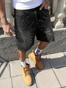 Men's Denim Shorts with Firework Rhinestone Design, Fashion Versatile American High Street Five-Quarter Pants, Stylish Casual Wear, Athleisure Street Shorts, Casual Fashionable Shorts