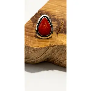 Tear Drop Ring - Spiny Oyster Orange - Sterling Silver - Native Handmade - AM (artist) - Size 8.5