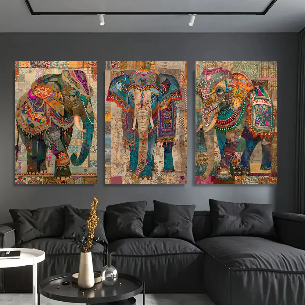 3-Piece 2D Flat-Style Indian Elephant Themed Wall Art Set - Ideal for Living Rooms, Bedrooms, and Hallways; Perfect for Wall Decor and Home Decoration, or as a Birthday or Anniversary Gift for Friends, Family, and Couples.