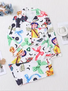 2 pieces of women's Halloween bow blue hair girl black cat mouse bat spider print long sleeved long pants pajama set Loungewear top pocket suitable for all seasons comfortable, energetic, elegant and casual home wear