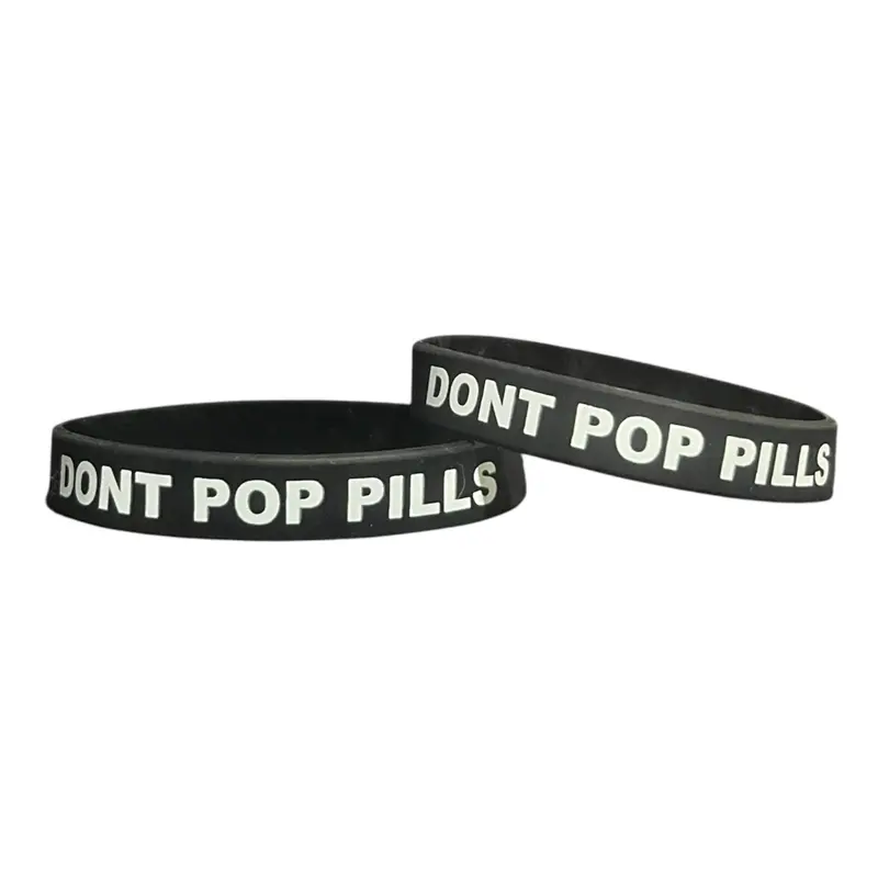 Dont Pop Pills Wristbands - Black Silicone Bracelets with Clear Text Message