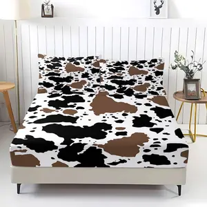 3Pcs Cowhide Pattern Fitted Sheet Set, Irregular Black, Brown & White Patches on Soft Fabric, Stylish & Unique Bedding for Rustic Decor, for Animal Lovers, Transform Your Bedroom into a Cozy Retreat Includes 2 Pillowcases, No Pillow Core
