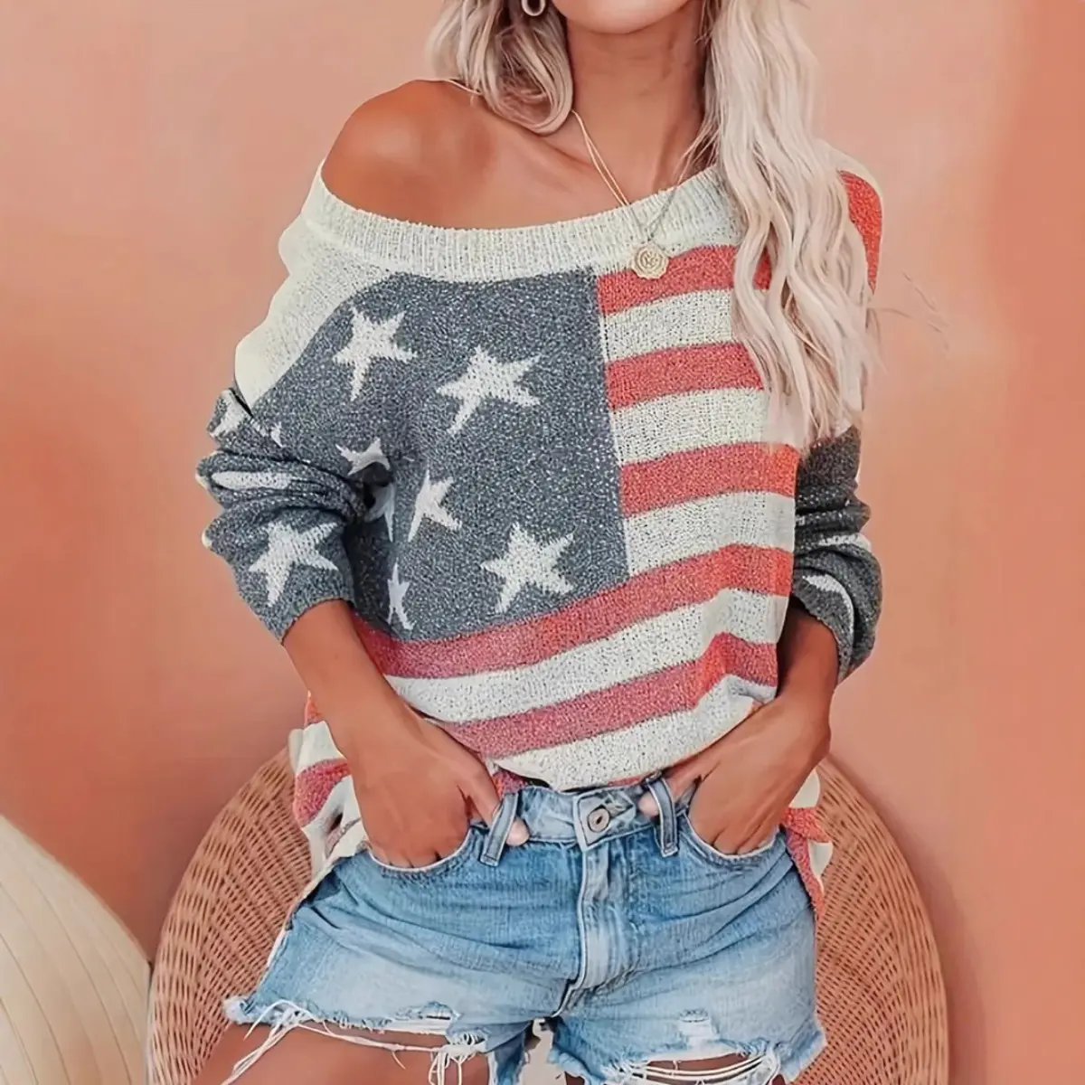 Women’s 3D Graphic Crew Neck Sweater, Long Sleeve Raglan Sleeve Casual Loose Fit Knit Pullover Top, Classic Color Block Streetwear Sweatshirt for Spring Summer Daily Wear