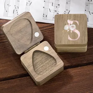 Wooden Single Guitar Pick Case | Stylish Plectrum Holder with Natural Finish | Minimalist Design Guitar Accessory | Durable Storage Box for 1 Pick | Perfect Gift for Guitarists & Musicians | Music Accessories | Initial Name 26 Letters Pink Flower Pattern