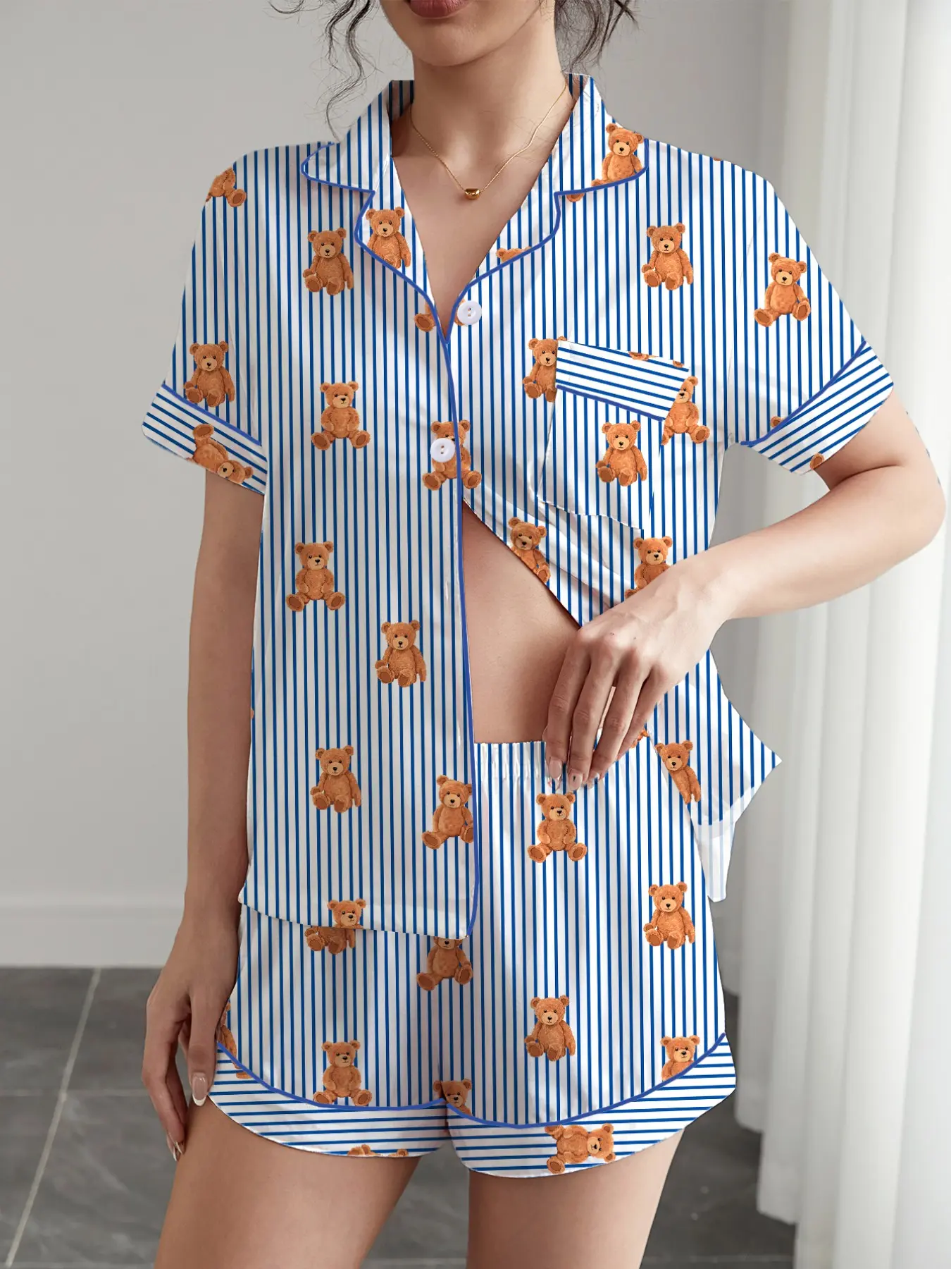 Women's Bear Print Pajama Set, Pyjamas, Pjs, Short Sleeve Button-Up Top & Elastic Shorts, Casual Home Wear, Loungewear, Womenswear, All Seasons, Comfortable Sleepwear