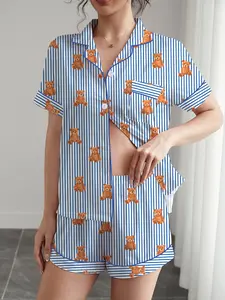 Women's Bear Print Pajama Set, Pyjamas, Pjs, Short Sleeve Button-Up Top & Elastic Shorts, Casual Home Wear, Loungewear, Womenswear, All Seasons, Comfortable Sleepwear