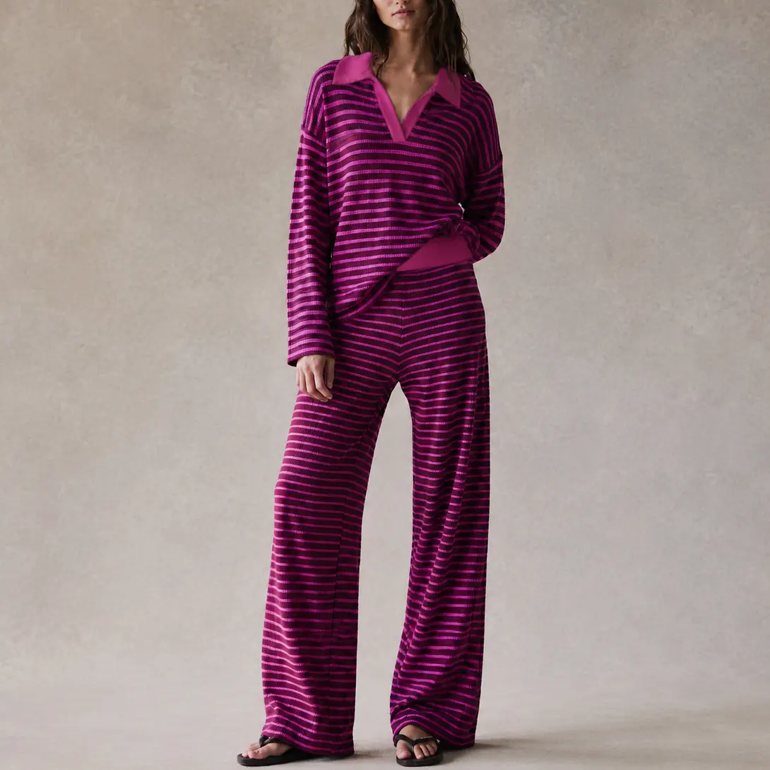 Women's 2-Piece Bright Purple Striped Knit Clothes Set, V-Neck Longsleeves Polo Top & Wide Leg Pants, Soft Breathable Loose Casual Home Outfit for Effortless Chic, Women's Clothes, Lady
