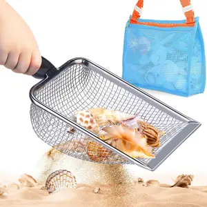 Mesh Beach Shovel with Mesh Beach Bag for Shell Collecting, Kids Filter Sand Scooper for Picking Up Shells, Shark Tooth Sifter Dipper for Boys and Girls, Beach Toy
