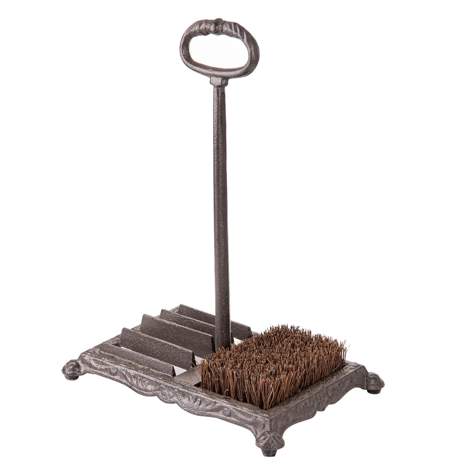 Sungmor Rustic Farmhouse Boot Cleaner, Heavy-Duty Cast-Iron Footwear Scraper with Scrollwork Design, Side Brushes, and Handle Grip for Outdoor Front Door