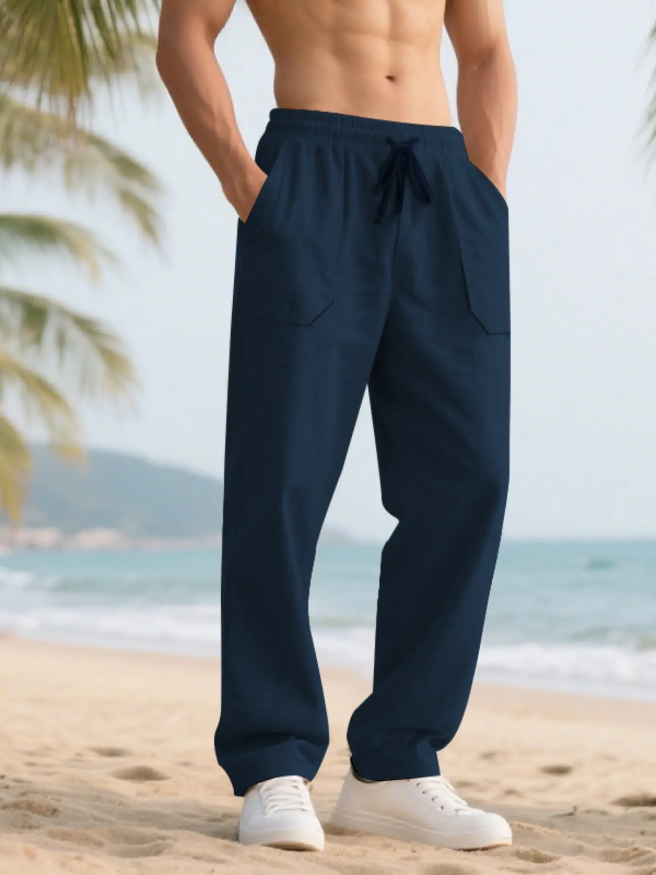 Men's Casual Drawstring Linen Summer Pants, Relaxed Fit Straight Leg Trousers, Elastic Waist Comfy Lightweight Pants for Beach Holiday Street Lounging Wear