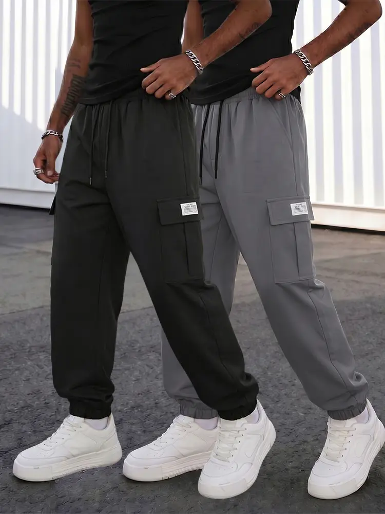 Men’s Cuffed Ankle Utility Joggers, Elastic Waistband, Large Patch Cargo Side Pockets for Streetwear