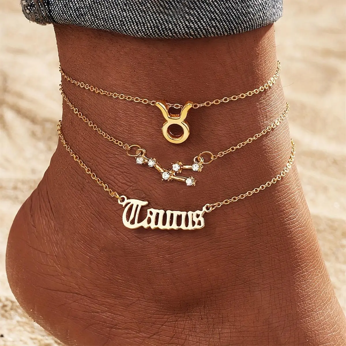 Unisex 3-Piece Fabric Anklet Set - European American Trendy Constellation Zodiac Star Motif Jewelry, Casual Elegant Accessory, Aries, Celestial Theme Anklets