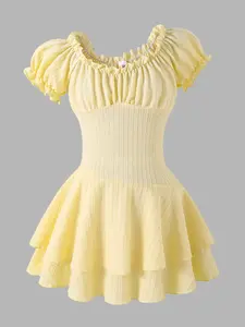 Girls Dress, Square Neck Ruffle Detail, Short Sleeve Multi-Layer Hem, Fashionable Elegant Sweet Style, Casual Summer Wear, Frilled Dress