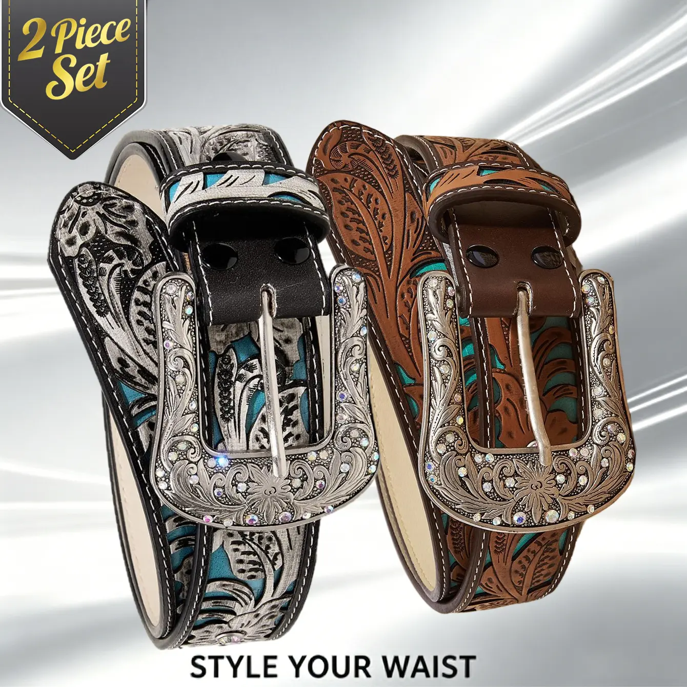 2-Piece Set Western Cowgirl Embossed Leather Belts, Rhinestone Floral Pin Buckle Vintage Turquoise Inlay Waist Straps for Men and Women detail