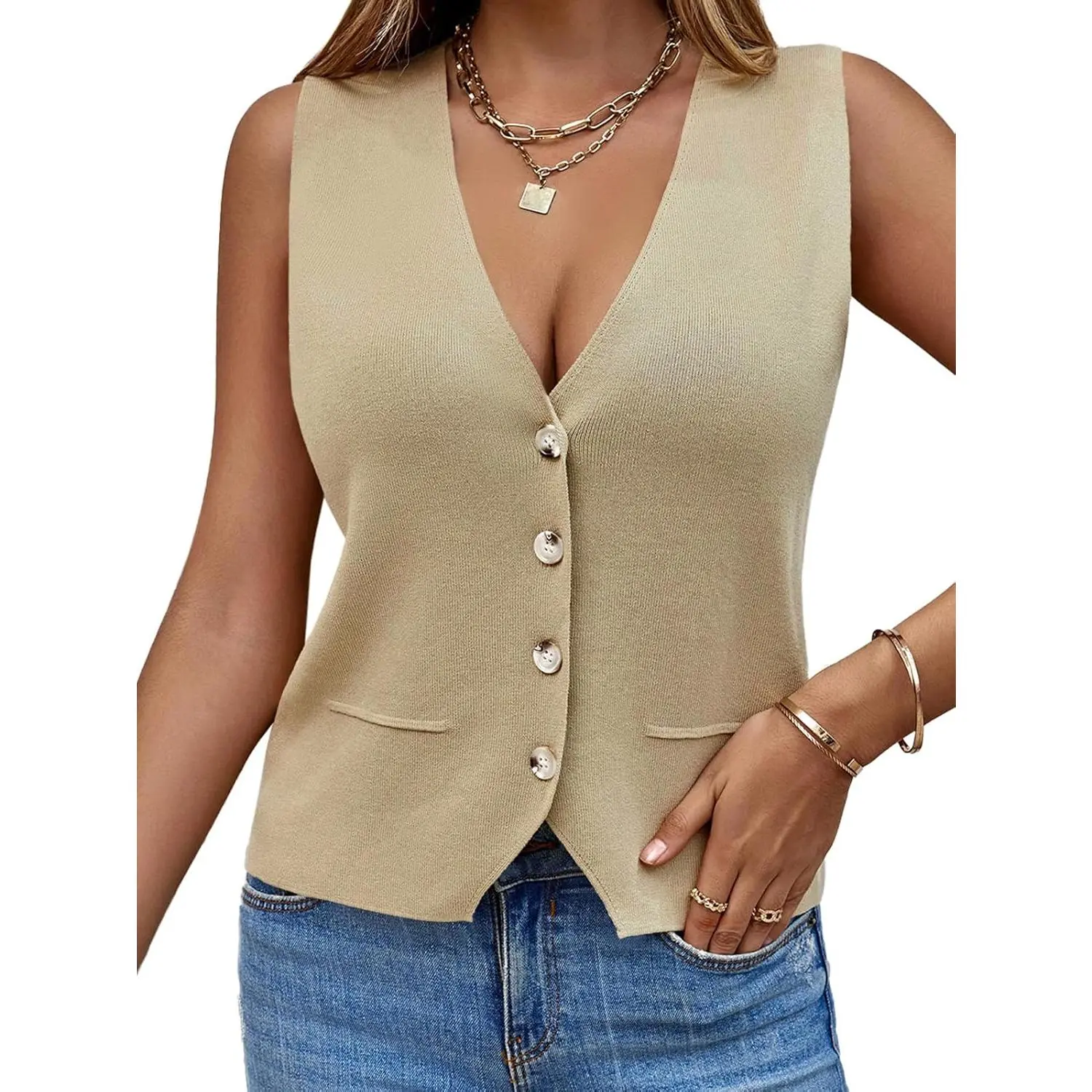 Womens Sleeveless Sweater Vest Knit V Neck Button Fashion Casual Loose Spring Summer Waistcoat Cardigan Tops Womenswear