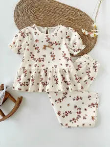 Girls' Sweet Floral Print Bow Blouse & Wide Leg Pants Set, Casual Summer, Thin Fabric, Daily Wear, 2 Piece Set, Cute Clothing Set, Baby Clothes Girl, Summer Outfits Set