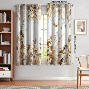 2pcs 2D Flat Curtains Featuring a Light Background with Birds And Plant Patterns, Suitable for The Living Room, Bedroom, Balcony, And Study Room, Providing a Warm Atmosphere