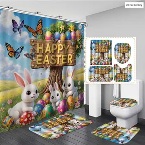 1/3/4PCS EASTER RABBITS EGGS BUTTERFLIES FLOWERS Shower Curtain Set with Rugs, Non Slip Bath Mat, U-Shape Carpet, Toilet Lid Cover, Polyester Fabric Bathtub Curtain Accessories, 12 Hooks, Home Bathroom Festival