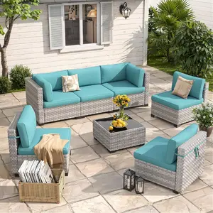 7-Seat Modular Patio Furniture Set – Outdoor Wicker Sectional Sofa with Thick 4″ Cushions, Dual-Strand PE Rattan, Rust-Resistant 18 mm Steel Frame, Backyard Garden Deck Lounge