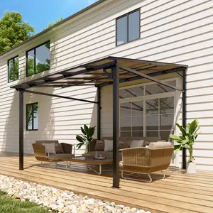 10 x 10 ft Wall Mounted Gazebo, Lean to Patio Pergola with Polycarbonate Hard Top Roof, Heavy Duty Metal Frame for Deck, Backyard