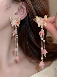 Elegant Butterfly Flower Crystal Pearl Dangle Earrings, 925 Silver Needle Studs, Women's Fashion Jewelry, Perfect Gift Idea