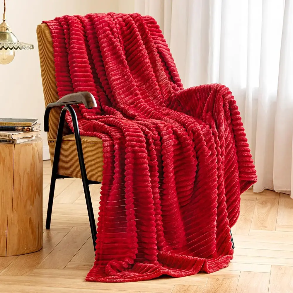 Burgundy Red Plush Striped Microfibre Christmas Throw Blanket - 300GSM Super Lightweight Ribbed, 50"x60", Durable Breathable for Couch/Sofa, Machine Washable Birthday Gift