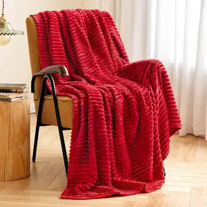 Throw for Couch 300GSM Super Lightweight Plush Striped Christmas, Burgundy Red Warm Ribbed for/Sofa, Throw Size 50"x60"