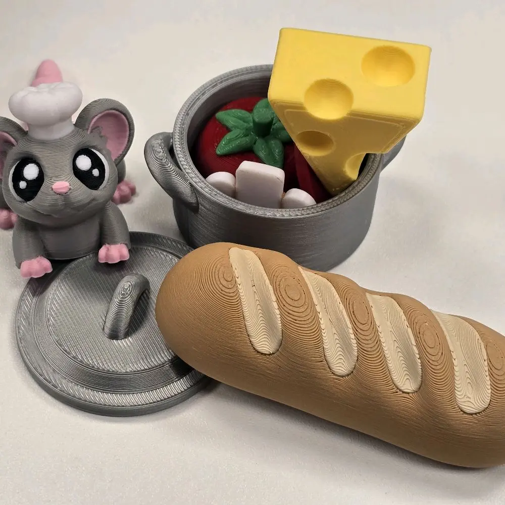 Chef Mousaroni Figurine Set 3d Printed with Bread Cheese and Tomato Accessories for Fun Kitchen Decor