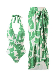 Women's Tropical Print One-piece Swimsuit & Knot Side Cover Up Skirt Set, Casual Fashion Swimwear Set for Beach Holiday Vacation, Ladies Swimsuit for All Seasons, Swim Cover Ups, Clothing