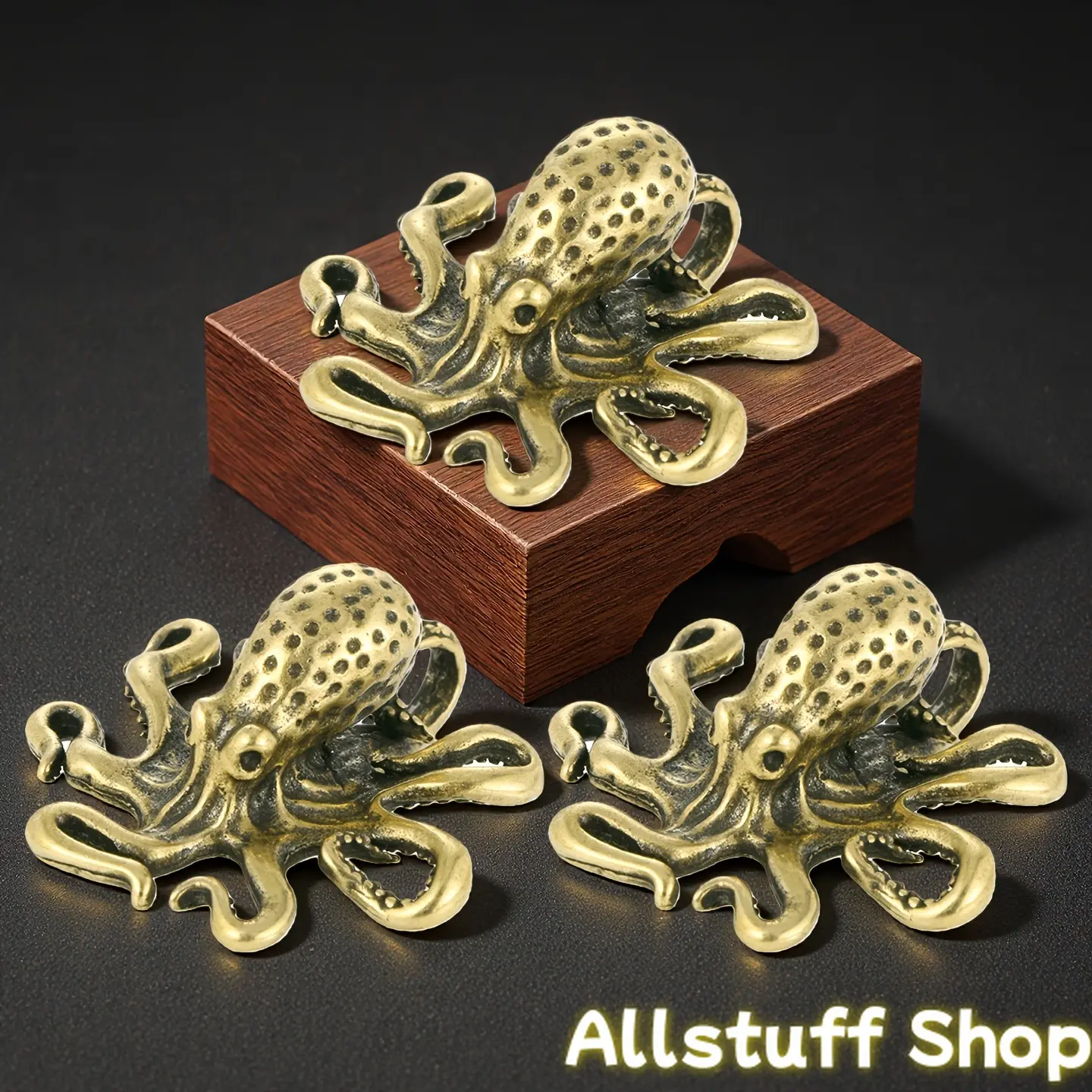 3pcs Brass Octopus Decorative Figurines - Vintage Whimsical Tea Pet, Home Accent, DIY Luggage & Bag Accessory