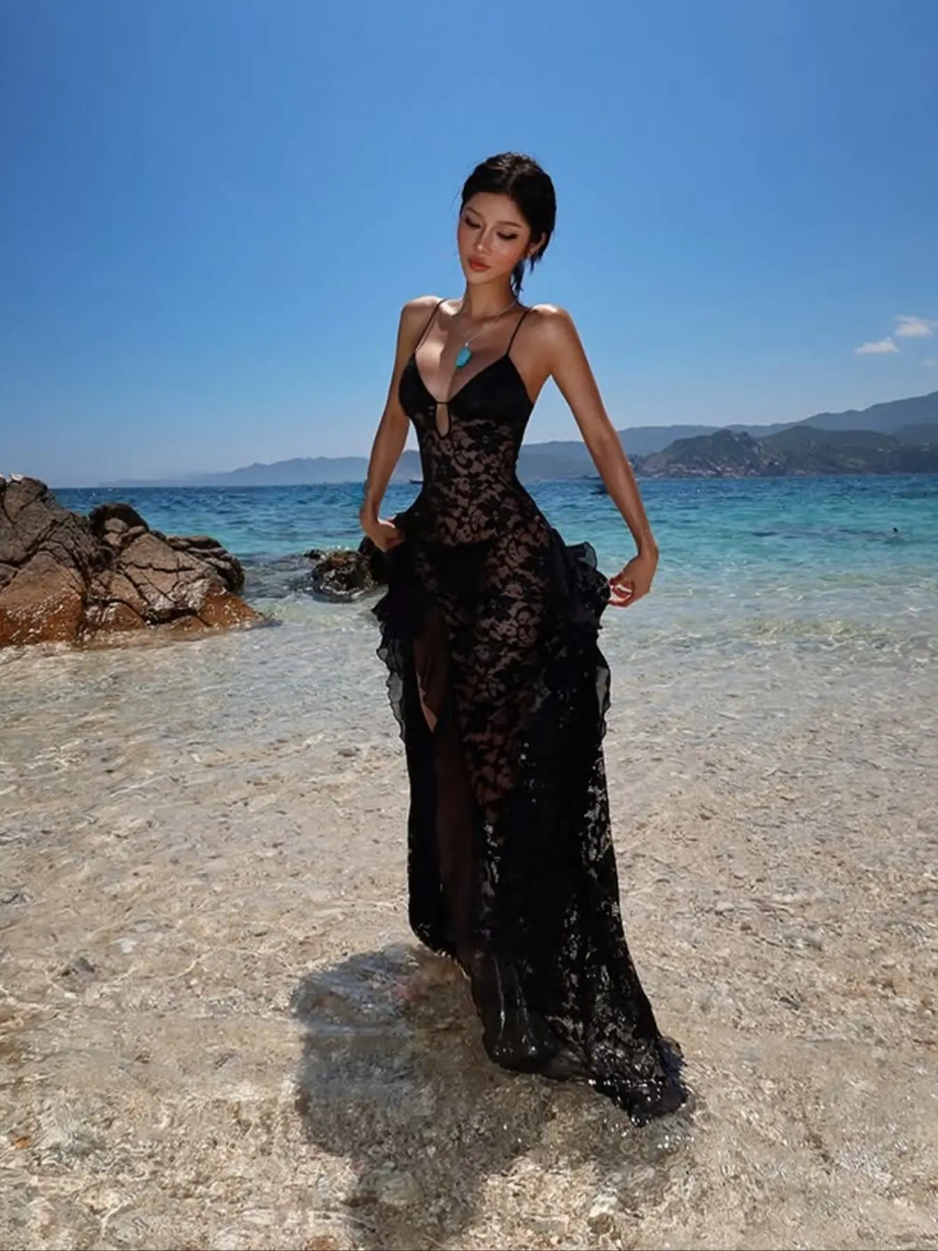 Women's Sexy Sheer Black Lace Plunge Neck Spaghetti Strap Maxi Dress with Side Slit|Plunge Neck & Side Slit for Beach PartyHalloweenautumnfally2k outfit,club outfits women sexy,black lace dress,concert rave outfits,Elegant Party Dress - Women's Sexy Sheer Black Lace Plunge Neck Spaghetti Strap Maxi Dress with Side Slit|Plunge Neck & Side Slit for Beach PartyHalloweenautumnfally2k outfit,club outfits women sexy,black lace dress,concert rave outfits,Elegant Party Dress -