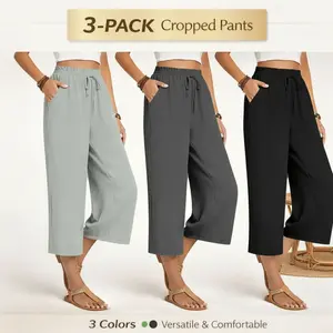 Women's 3-Pack Linen Wide Leg Cropped Pants High Waisted Elastic Drawstring Casual Loose Fit Summer Beach Trousers With Pockets - Fabric, Cotton