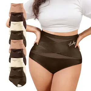 【Pluz Size】Morelect 8 Pcs Women's High Waist Panties Tummy Control, Cross-Ventilation Mesh Cheeky Briefs, Lightweight & Breathable Underwear, Lucky Logo All Season Undies 5-Pack