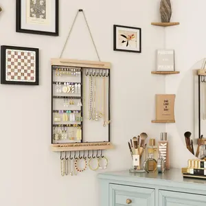 F-SBB53  Hanging Jewelry Organizer, 5-Tier Wall Earring Holder with Wooden Ring Groove, Jewelry Rack Wall Mounted for Earrings, Necklaces, Bracelets and Rings, Jewelry Holder Stand, Black Boxes Installation