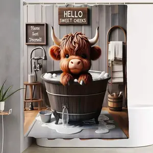 1/4pcs Highland Cow Bathroom, Shower Curtain Sets - Rustic Wooden Tub Bubble Cow Design, Framed Signs Hello Sweet Cheeks & Please Set Yourself, Matching Towel Rack Stool Toilet Mat - Perfect for Easter, Mother's Day, St Patrick's Day Decor