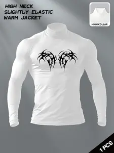 Men's High Neck Compression Shirt - Y2K Cyber Tribal Graphic Apparel, Slim Fit Elastic Thermal Base Layer, Warm & Breathable Fabric, Ideal for Gym Workouts, Layering Under Jackets, Alternative Fashion Events & Casual Streetwear, Stylish Top for Fitness En