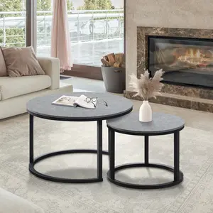 Set of 2 Nesting Coffee Tables, Modern Round Side Tables with Gray Marble-Look Top & Black Metal Frame, Stacking End Tables for Living Room Adjustable Mobile Standing Desk Wheels C-Shaped Wood Solid