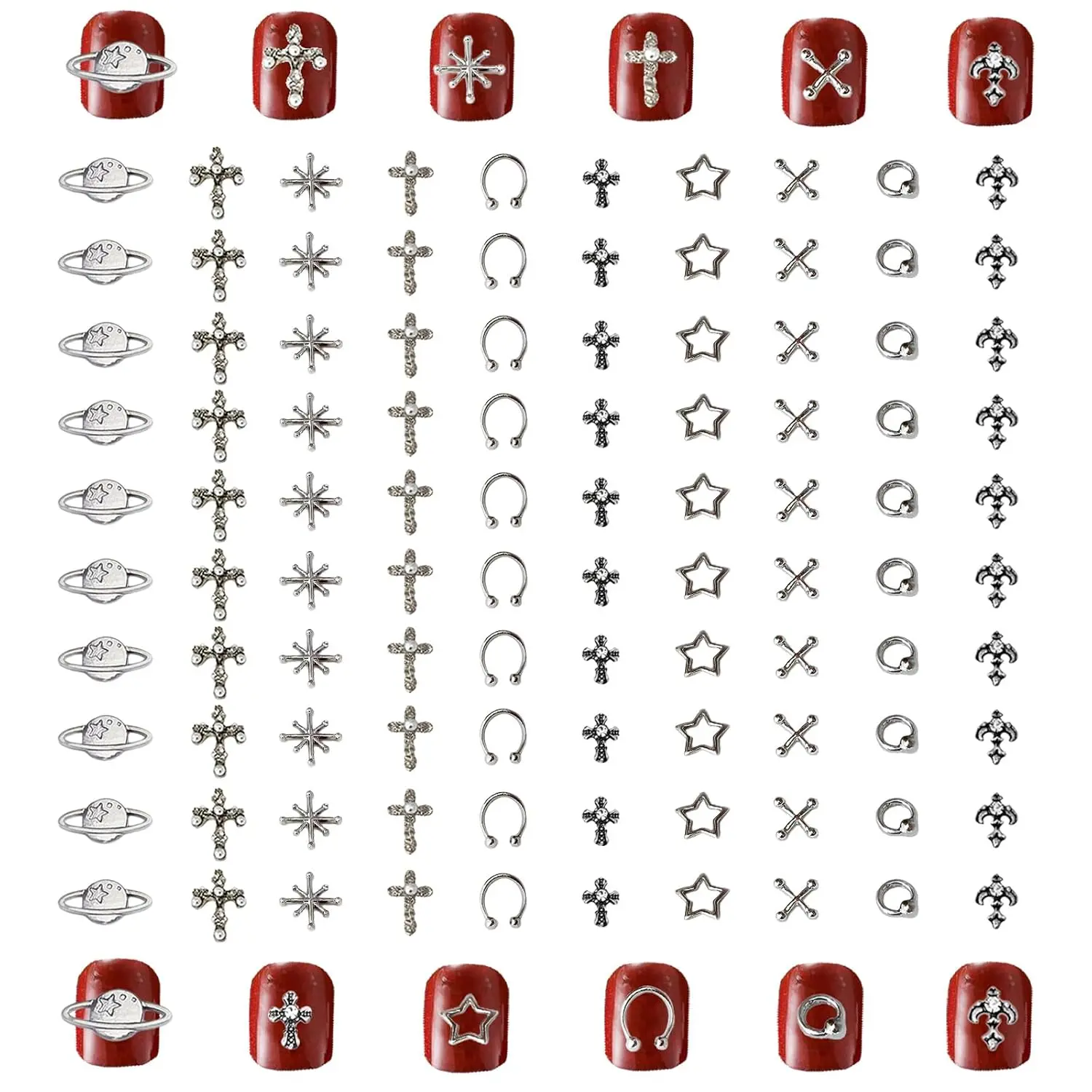 110Pcs Silver cross Nail Charms And Gems,Star Planet Alloy Nail gems Decoration punk goth Nail charms Y2k,small 3D Nail Art Charms,gothic Nail charms and gems mix styles Accessories