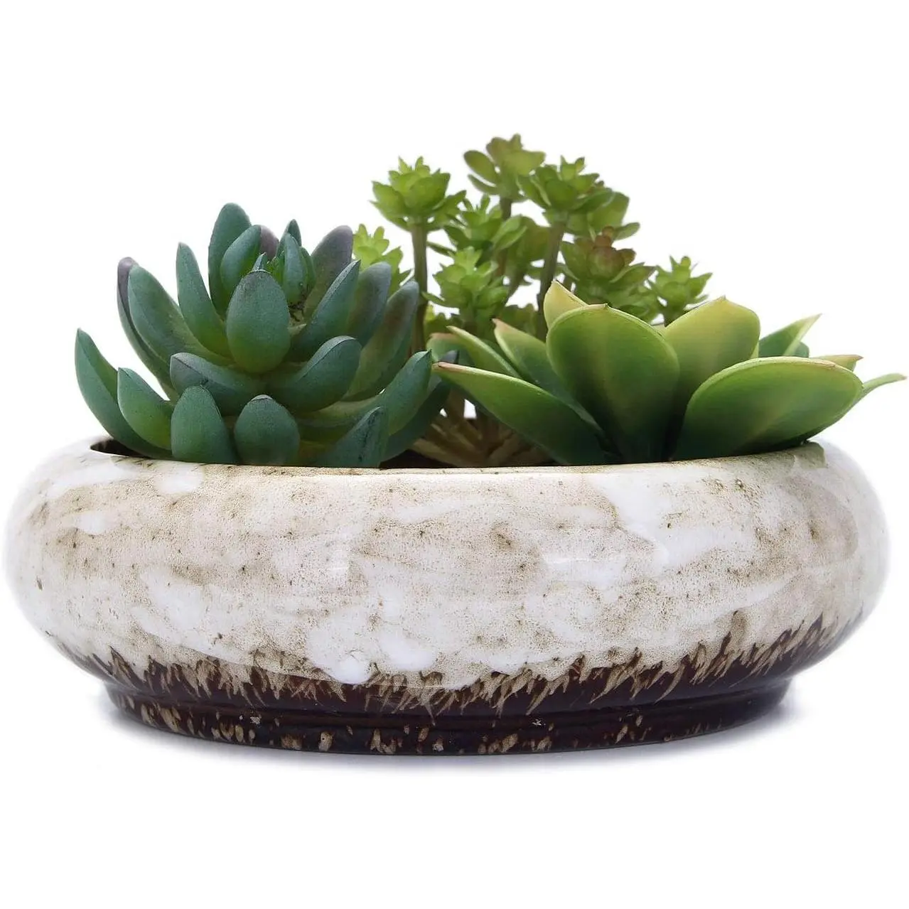 7.3 inch Round Large Shallow Succulent Ceramic Glazed Planter Pots with Drainage Hole, Bonsai Pots Garden Decorative Cactus Stand Flower Container (White)