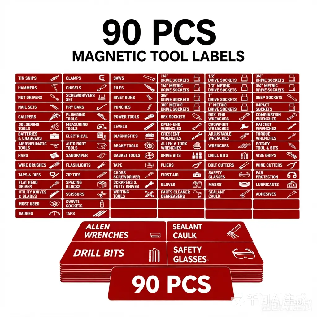 Large Magnetic Tool Drawer Labels 90 PCS, 82 Pre-Printed & 8 Blank Tool Chest Organizer Stickers, High Visibility Printing Heavy Magnet, Organize Garage Metal Tool Cabinet Effortlessly